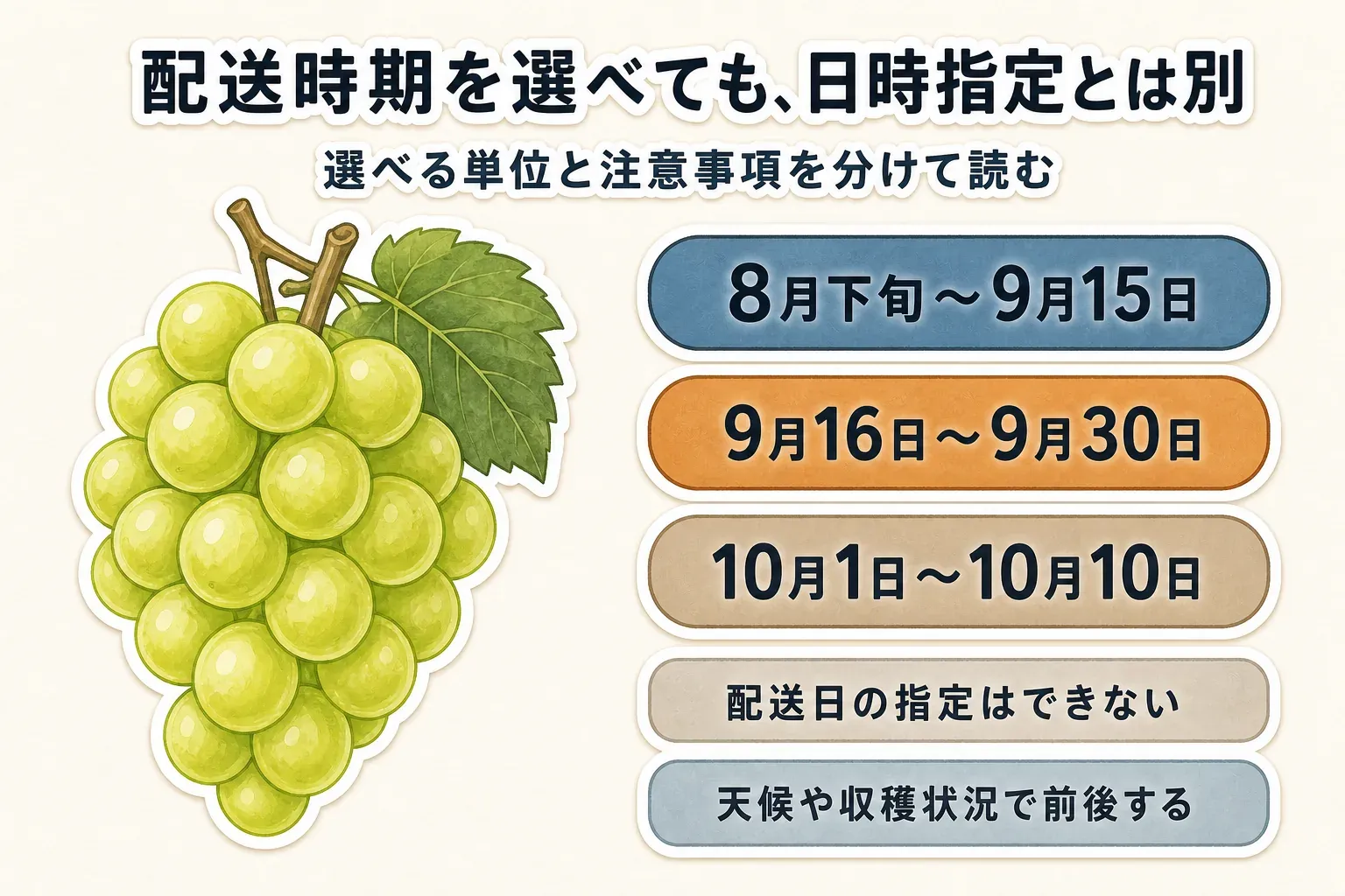 笛吹市のシャインマスカットで選べる配送時期の3区分、8月下旬〜9月15日・9月16日〜30日・10月1日〜10日と、配送日の指定はできず天候や収穫状況で出荷時期が変動することを示す図