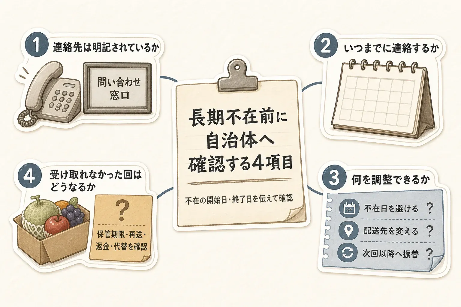 長期不在前に自治体へ確認する4項目を示す図。連絡先が明記されているか、いつまでに連絡するか、不在日回避・配送先変更・次回以降への振替など何を調整できるか、受け取れなかった回の保管期限・再送・返金・代替の扱いを確認する