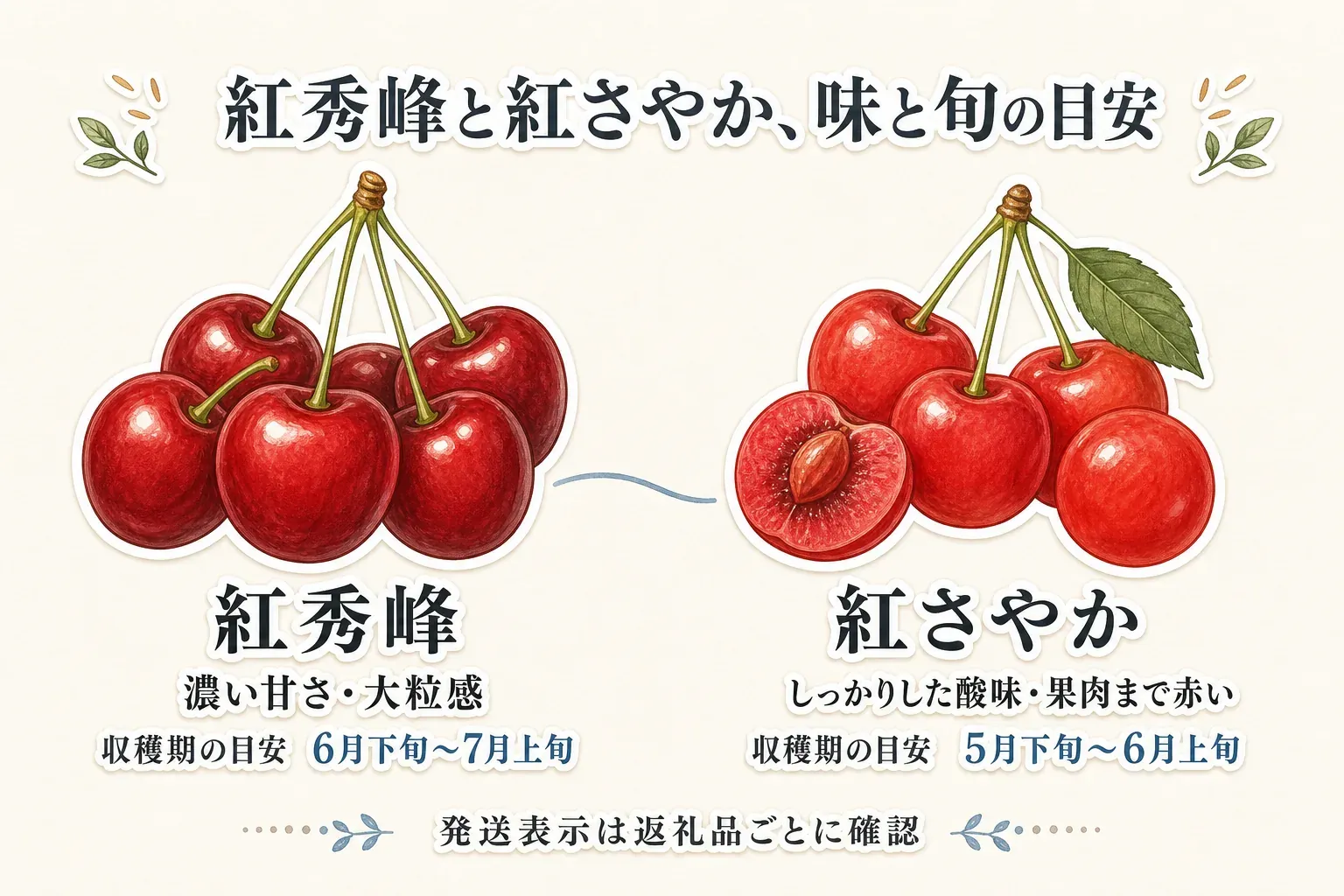 紅秀峰と紅さやかの味と旬の目安を並べた図。紅秀峰は濃い甘さと大粒感、収穫期は6月下旬〜7月上旬、紅さやかはしっかりした酸味と果肉まで赤い特徴、収穫期は5月下旬〜6月上旬で、発送表示は返礼品ごとに確認することを示している