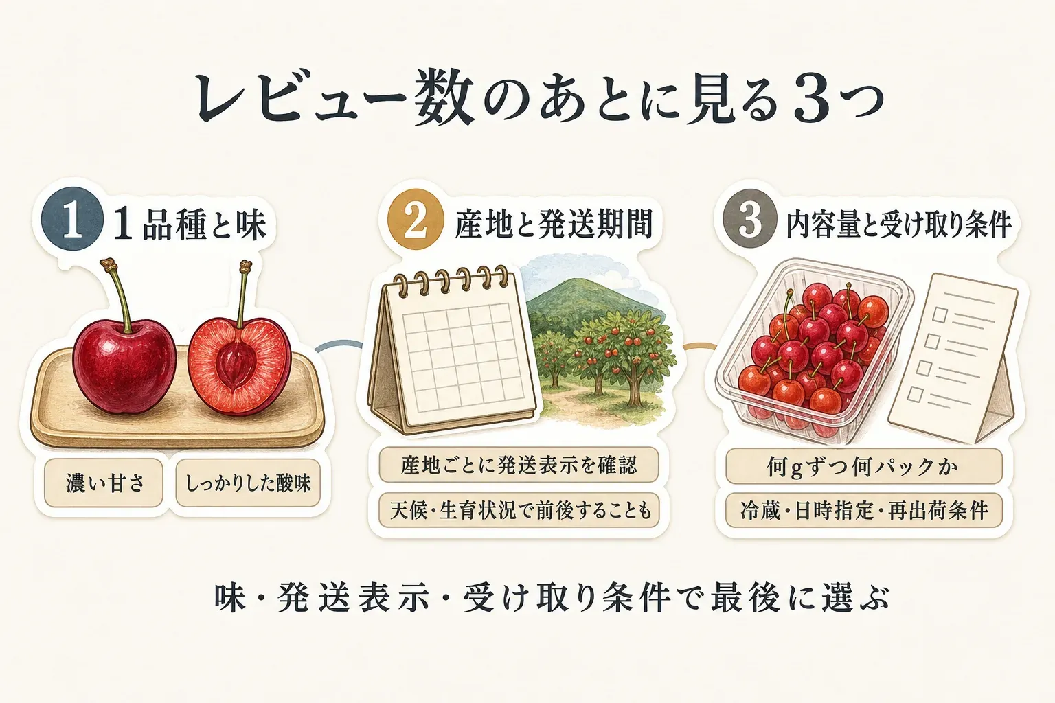 さくらんぼ返礼品を申し込む前に確認する3点を示す図。品種と味では濃い甘さ・しっかりした酸味を比べ、産地と発送期間では産地ごとの発送表示と天候・生育状況による前後を確認し、内容量と受け取り条件では何gずつ何パックか、冷蔵・日時指定・再出荷条件を確認する内容