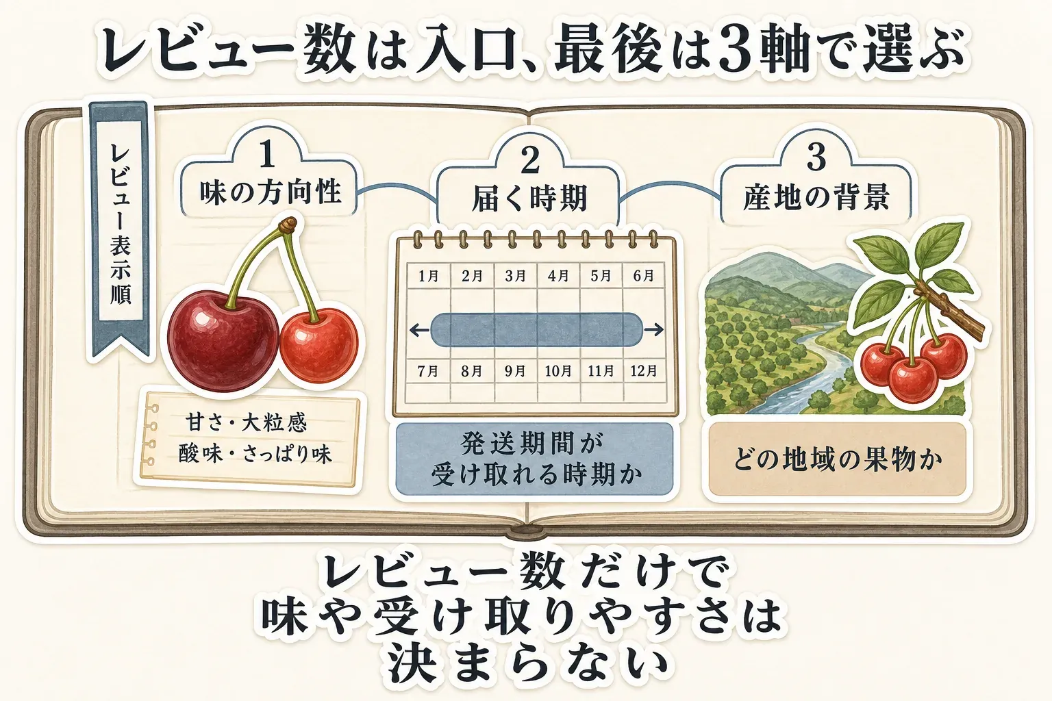 レビュー数順で候補を見た後の3つの選び方を示す図。味の方向性では甘さ・大粒感と酸味・さっぱり味、届く時期では発送期間が受け取れる時期か、産地の背景ではどの地域の果物かを確認し、レビュー数だけで味や受け取りやすさは決まらないことを示している