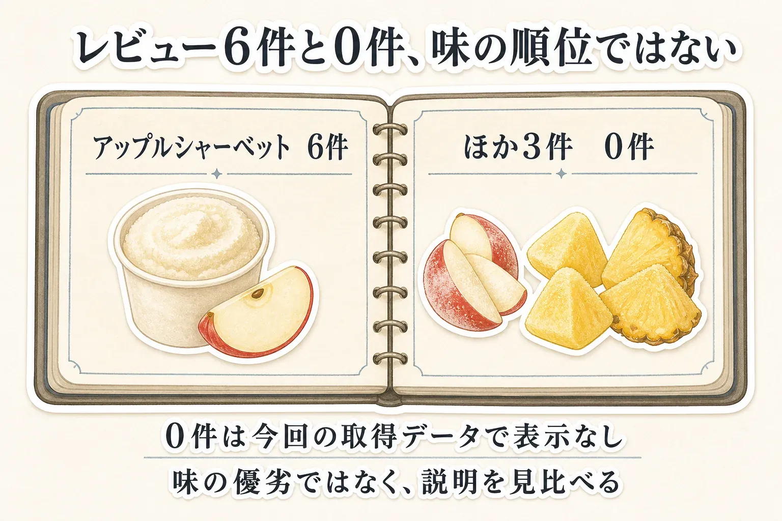 今回確認したレビュー数は、アップルシャーベットが6件、ほか3件が0件であることを示す図。0件は今回の取得データで表示されなかったことを表し、味の優劣ではなく商品説明を見比べるよう案内している