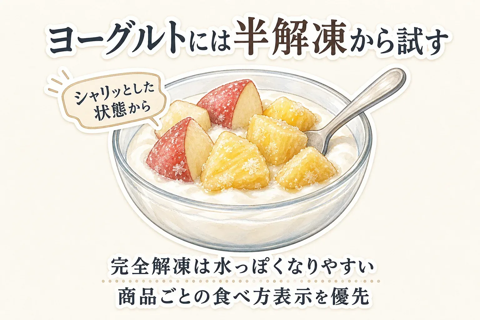 ヨーグルトにりんごとパイナップルの冷凍果実を添え、シャリッとした半解凍の状態から試す様子を示す図。完全解凍は水っぽくなりやすく、商品ごとの食べ方表示を優先することを案内している