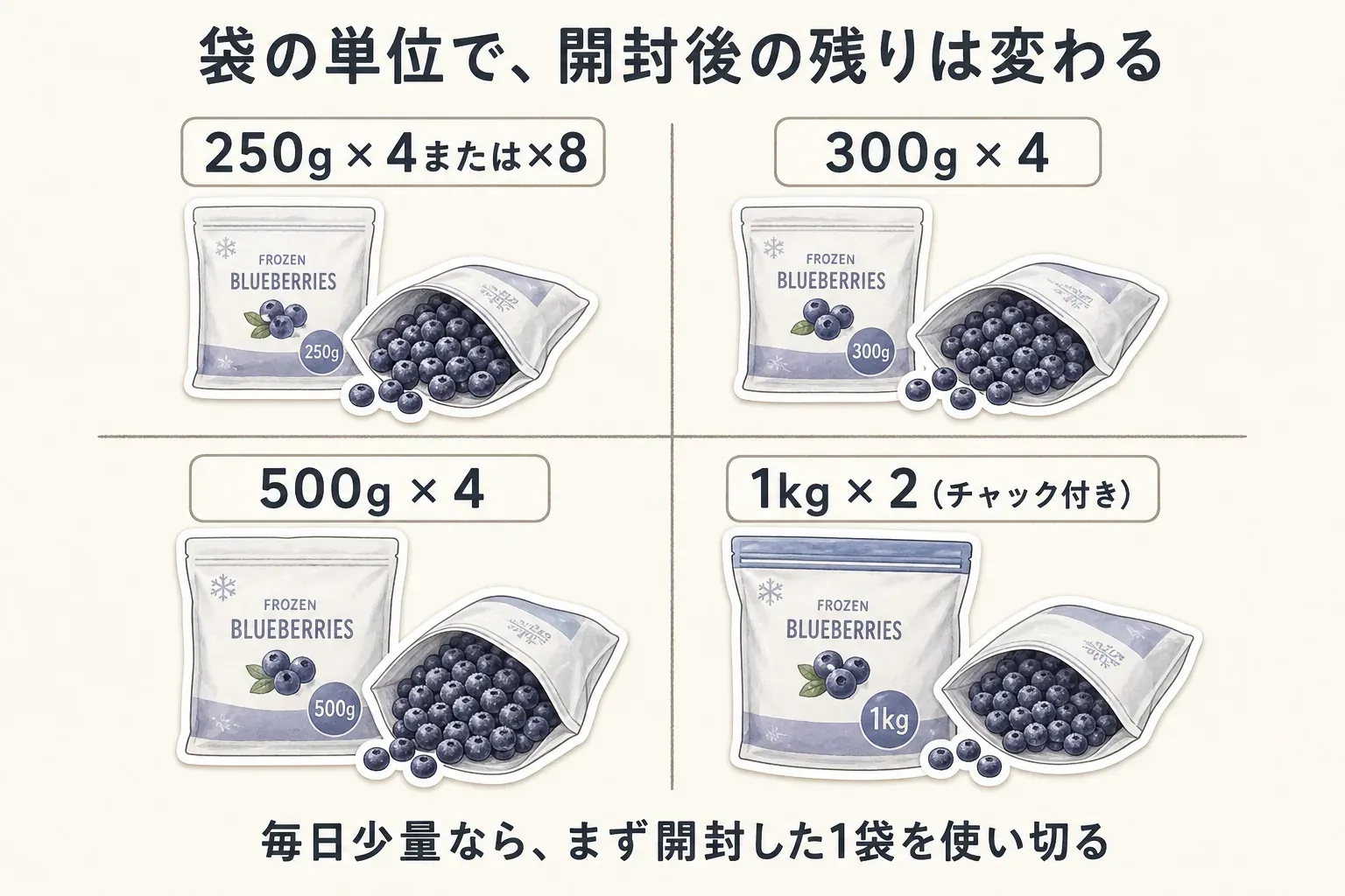 冷凍ブルーベリーの袋の単位を比べる図。250g×4または×8、300g×4、500g×4、チャック付き1kg×2を示し、毎日少量なら開封した1袋を使い切ることを勧めている
