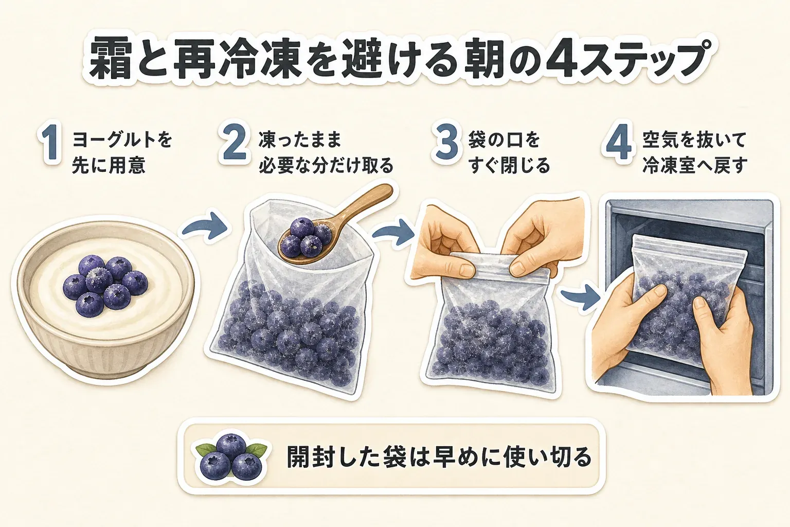 冷凍ブルーベリーで霜と再冷凍を避ける朝の4ステップの図。ヨーグルトを先に用意し、凍ったまま必要な分だけ取り、袋の口をすぐ閉じ、空気を抜いて冷凍室へ戻し、開封した袋を早めに使い切る流れを示している