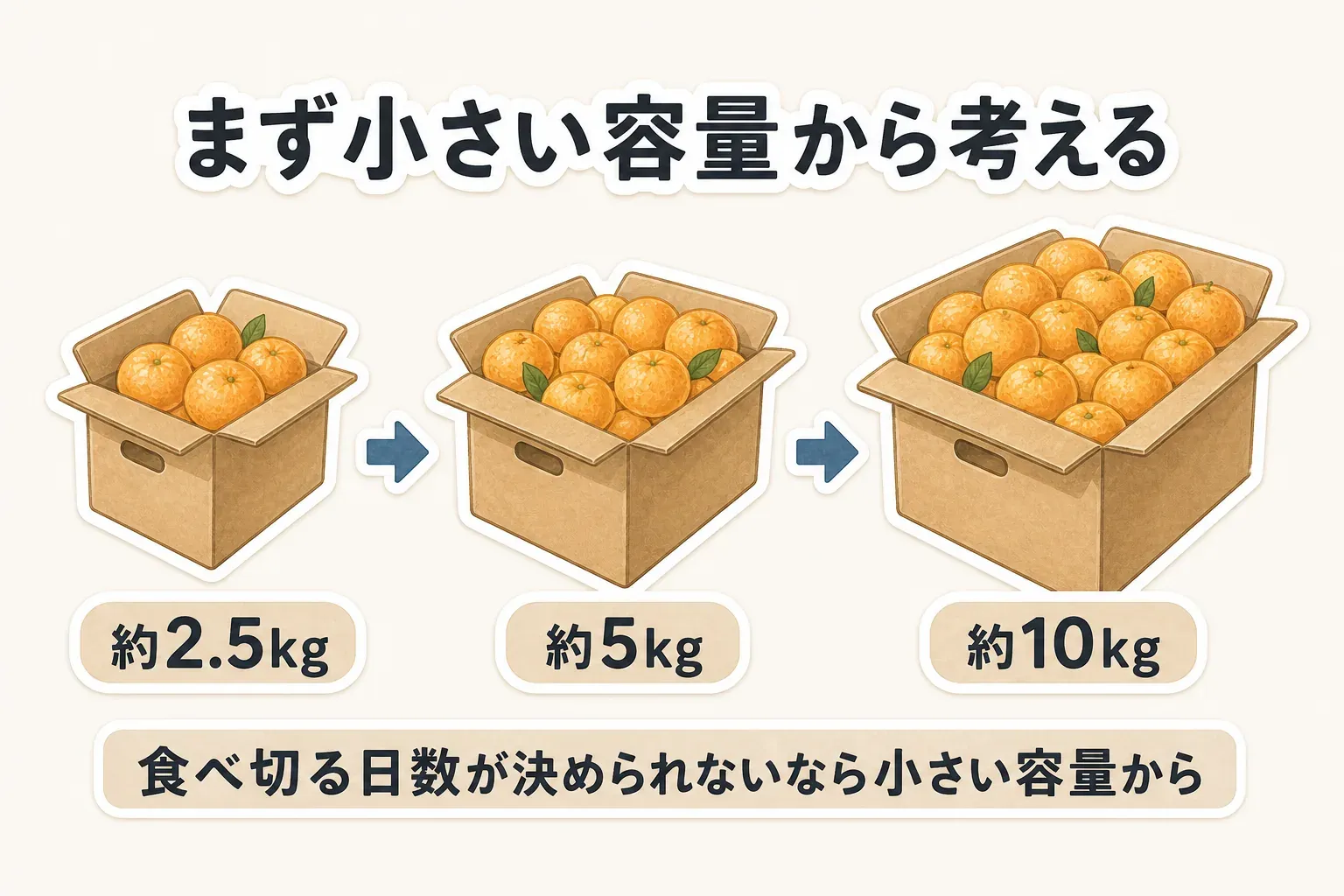 訳ありみかんを約2.5kg・約5kg・約10kgの箱で比較した図。食べ切る日数を決められない一人暮らしは、小さい容量から選ぶことを示している
