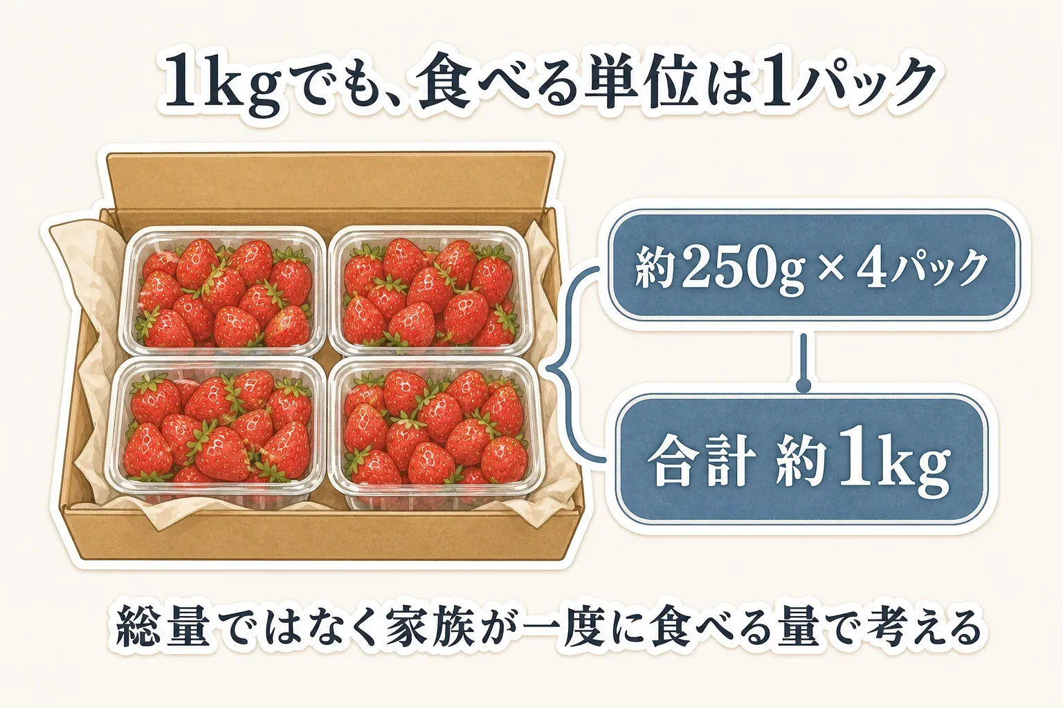 約250gのいちご4パックが合計約1kgになる例を示した図。総量ではなく、家族が一度に食べる1パック単位で考えることを示している