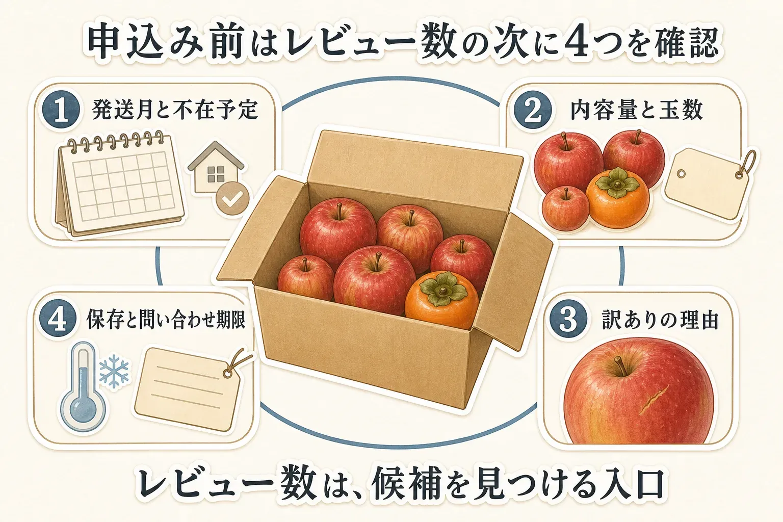 訳ありりんご・訳あり柿を申し込む前の4つの確認事項をまとめた図。発送月と不在予定、内容量と玉数、傷や色ムラなど訳ありの理由、到着後の保存方法と問い合わせ期限を順に確認するよう示している